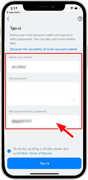 Bước 3: Nhập tên ví và mật khâu sau đó chọn "Tạo ra"